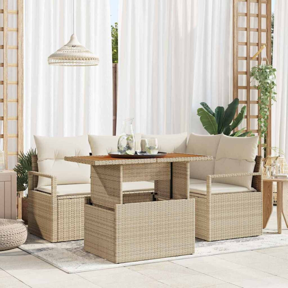 vidaXL Tuin Eetset met kussen met opslag 5 pcs Beige en Crème afbeelding 1