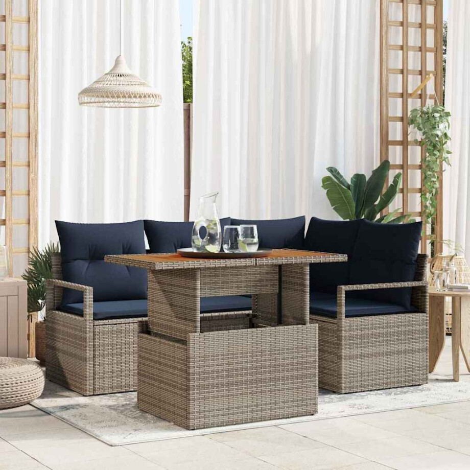 vidaXL Tuin Eetset met kussen 5 pcs Grijs en Marineblauw afbeelding 1