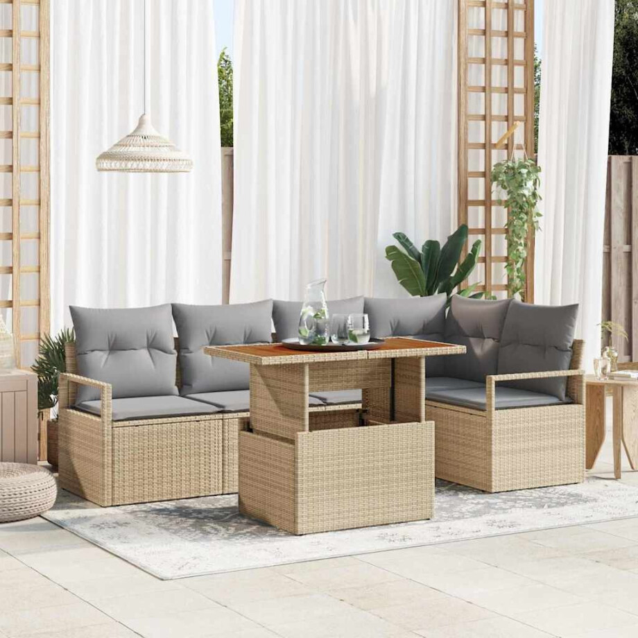 vidaXL Tuin Eetset met kussen 6 pcs Beige en Grijs afbeelding 1