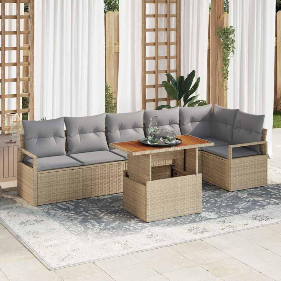 vidaXL Tuin Eetset met kussen 7 pcs Beige en Grijs afbeelding 1