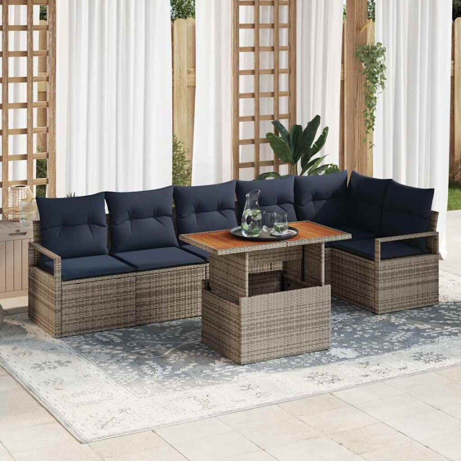 vidaXL Tuin Eetset met kussen 7 pcs Grijs en Marineblauw afbeelding 1
