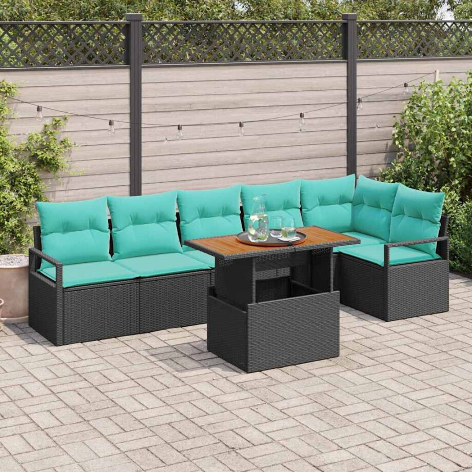 vidaXL Tuin Eetset met kussen 7 pcs Zwart en Blauwgroen afbeelding 1