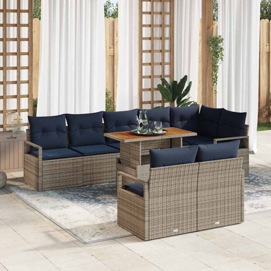 vidaXL Tuin Eetset met kussen 9 pcs Grijs en Marineblauw afbeelding 1