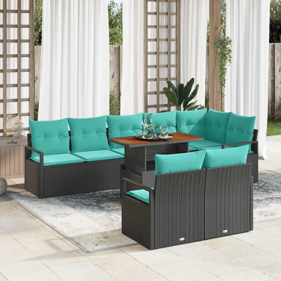 vidaXL Tuin Eetset met kussen 9 pcs Zwart en Blauwgroen afbeelding 1