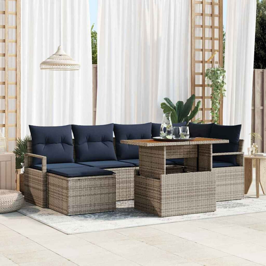 vidaXL Tuin Eetset met kussen 7 pcs Grijs en Marineblauw afbeelding 1