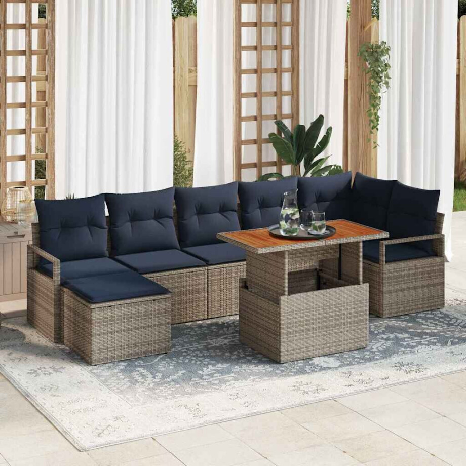 vidaXL Tuin Eetset met kussen 8 pcs Grijs en Marineblauw afbeelding 1