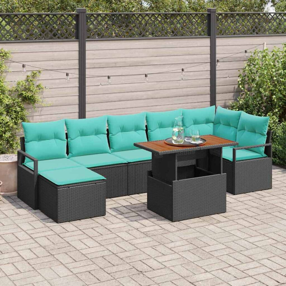 vidaXL Tuin Eetset met kussen 8 pcs Zwart en Blauwgroen afbeelding 1