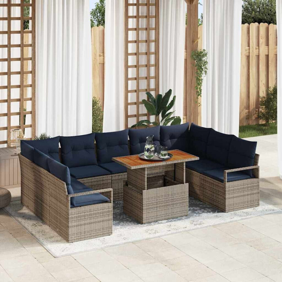 vidaXL Tuin Sofa Set met kussen 10 pcs Grijs en Marineblauw afbeelding 1