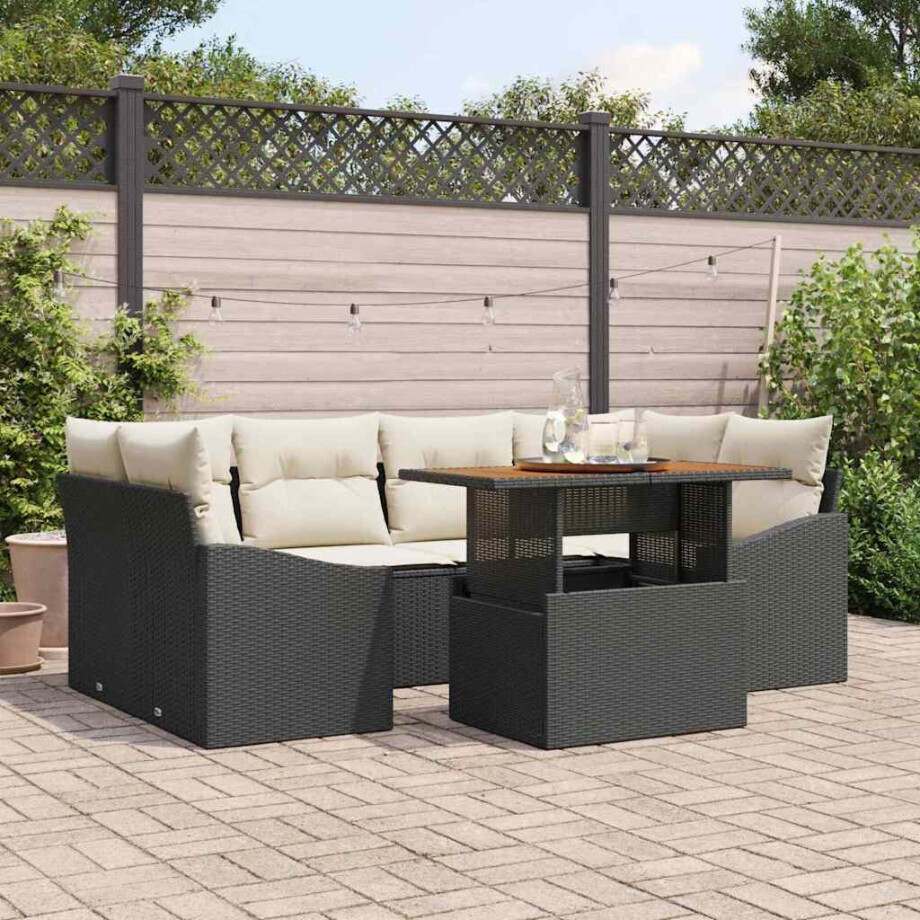 vidaXL Tuin Eetset met kussen 7 pcs Zwart en Crème afbeelding 1