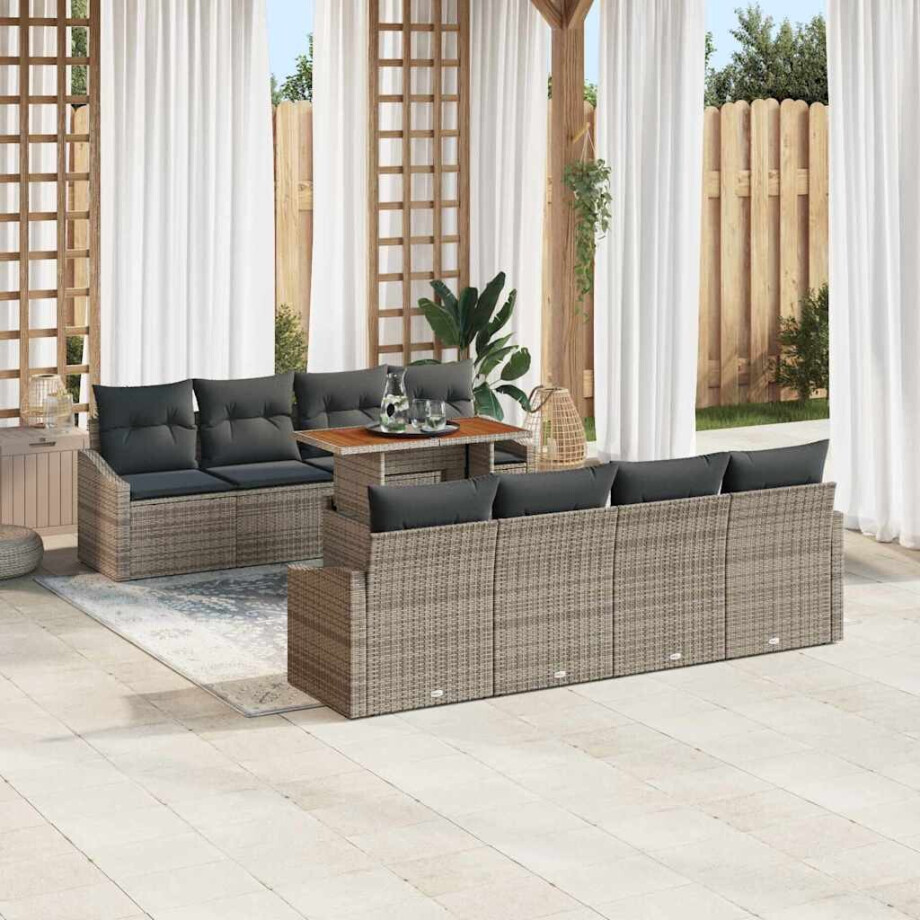 vidaXL Tuin Eetset met kussen 9 pcs Grijs en Bruin afbeelding 1