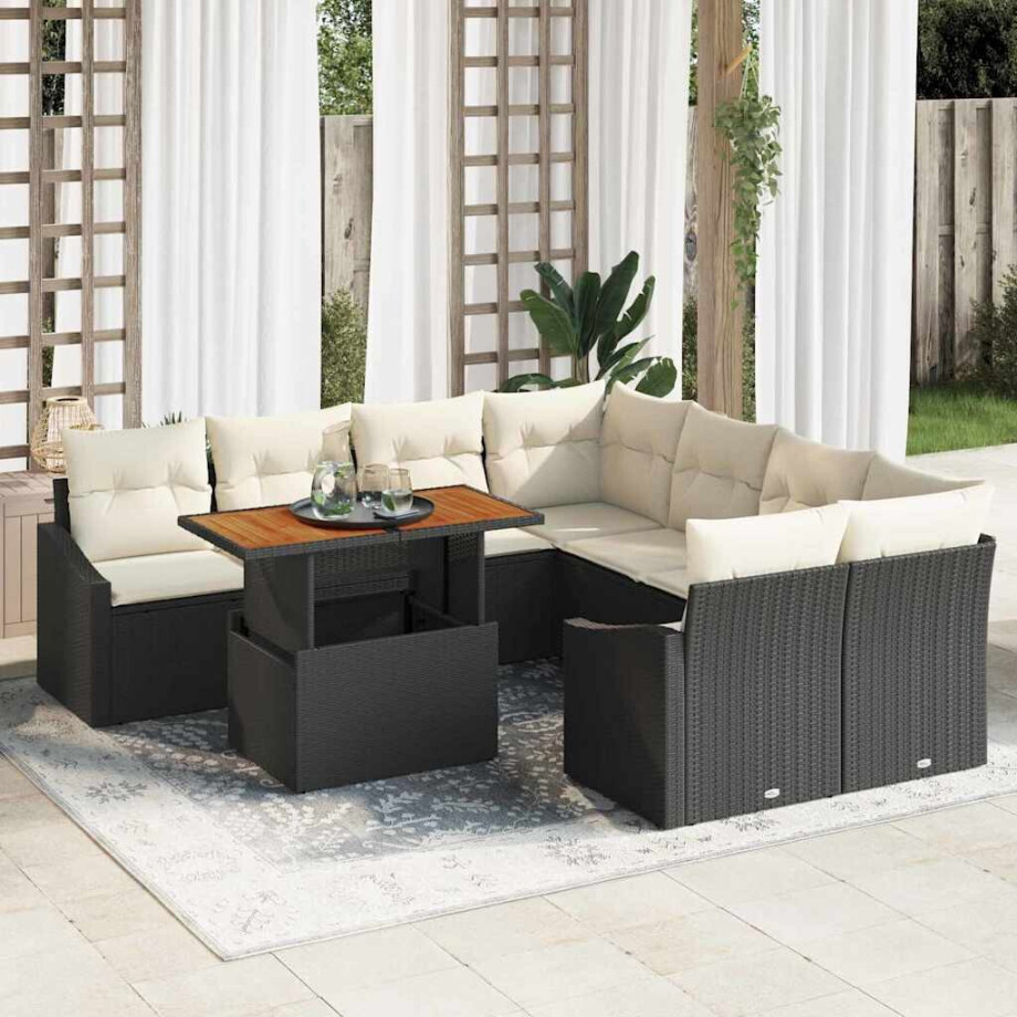 vidaXL Tuin Eetset met kussen 9 pcs Zwart en Crème afbeelding 1