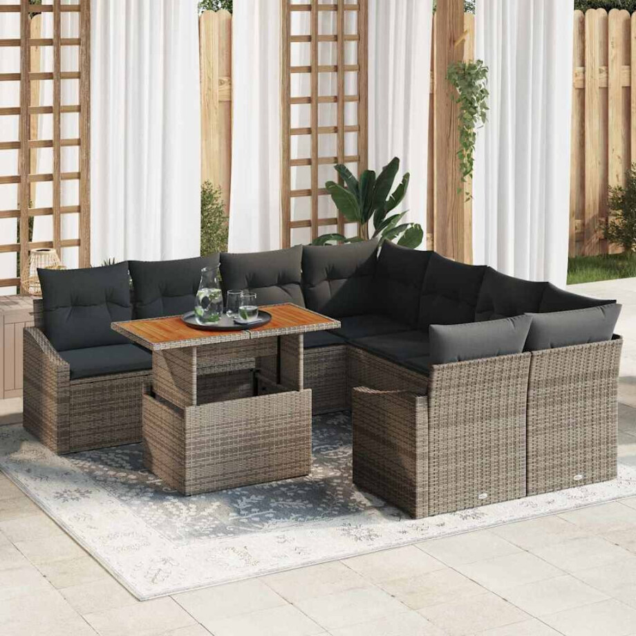 vidaXL Tuin Eetset met kussen 9 pcs Grijs en Bruin afbeelding 1