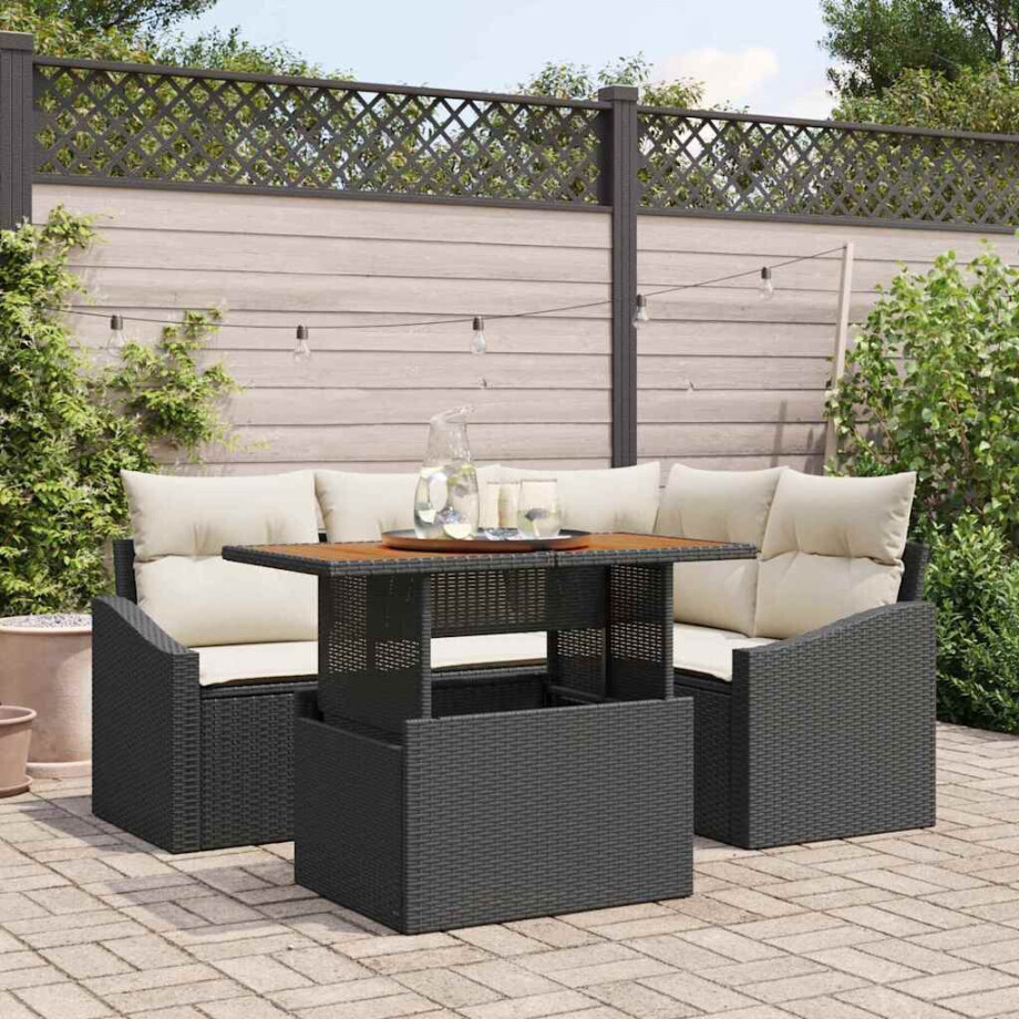 vidaXL Tuin Eetset met kussen 5 pcs Zwart en Crème vidaXL Tuin Eetset met kussen 5 pcs Zwart en Crème afbeelding 1