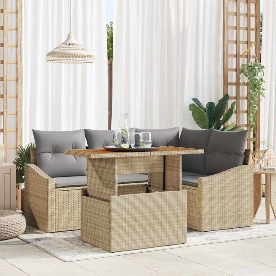 vidaXL Tuin Eetset met kussen 5 pcs Beige en Grijs afbeelding 1