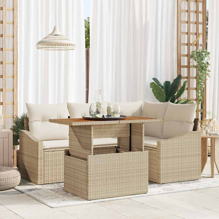 vidaXL Tuin Eetset met kussen 5 pcs Beige en Crème vidaXL Tuin Eetset met kussen 5 pcs Beige en Crème afbeelding 1