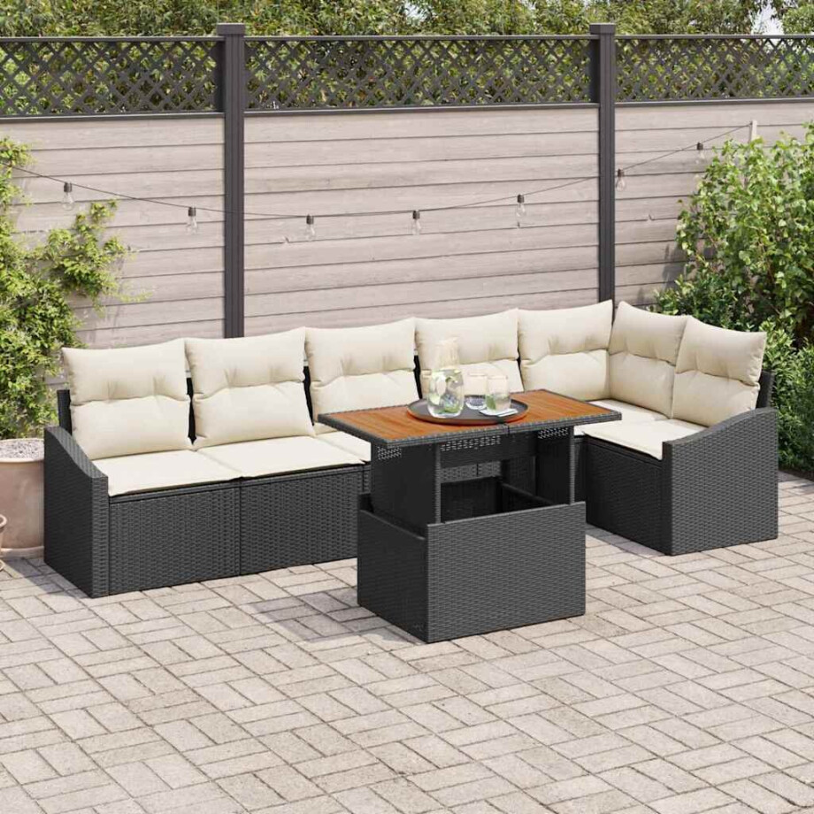 vidaXL Tuin Eetset met kussen 7 pcs Zwart en Crème afbeelding 1