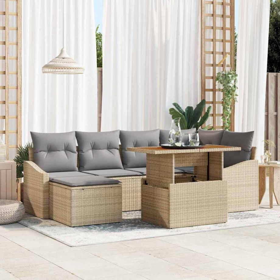 vidaXL Tuin Eetset met kussen 7 pcs Beige en Grijs afbeelding 1