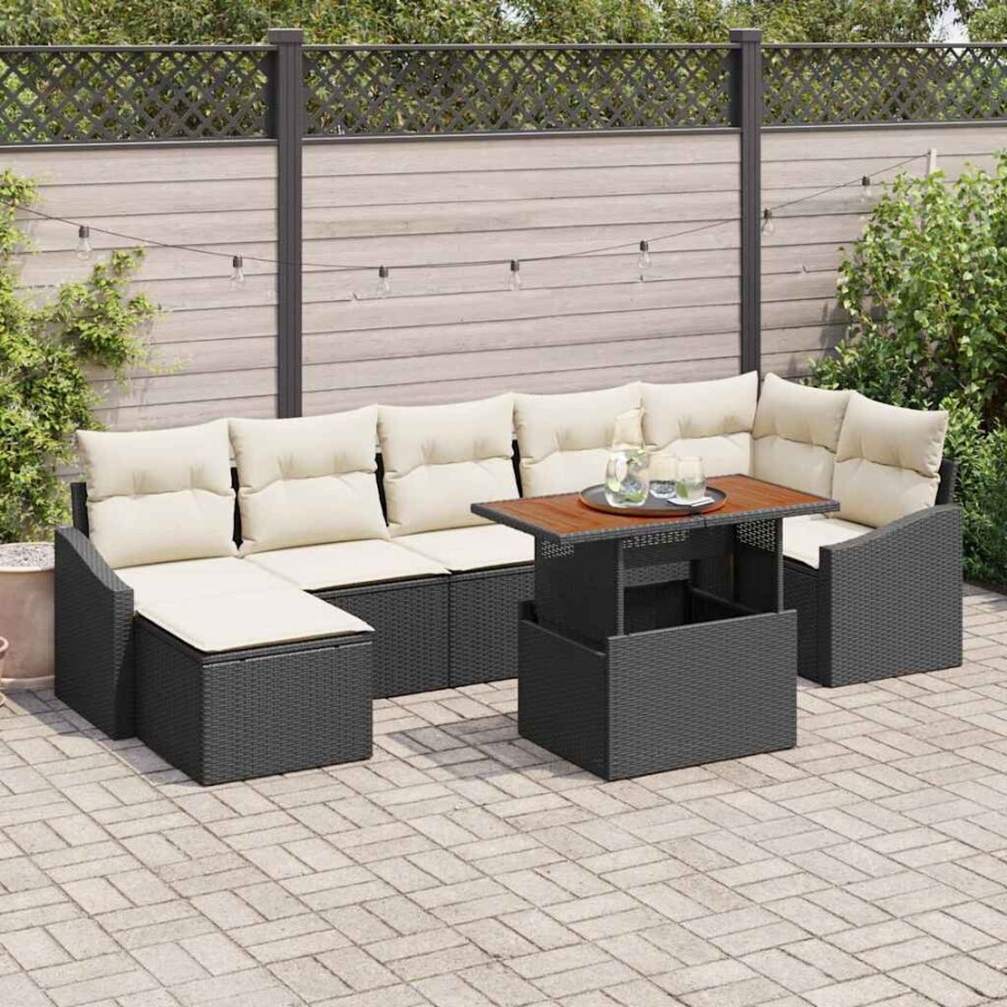 vidaXL Tuin Eetset met kussen 8 pcs Zwart en Crème afbeelding 1