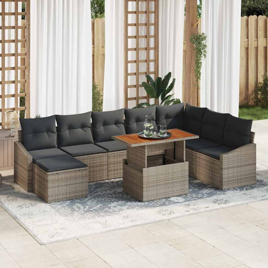 vidaXL Tuin Eetset met kussen 9 pcs Grijs en Bruin afbeelding 1