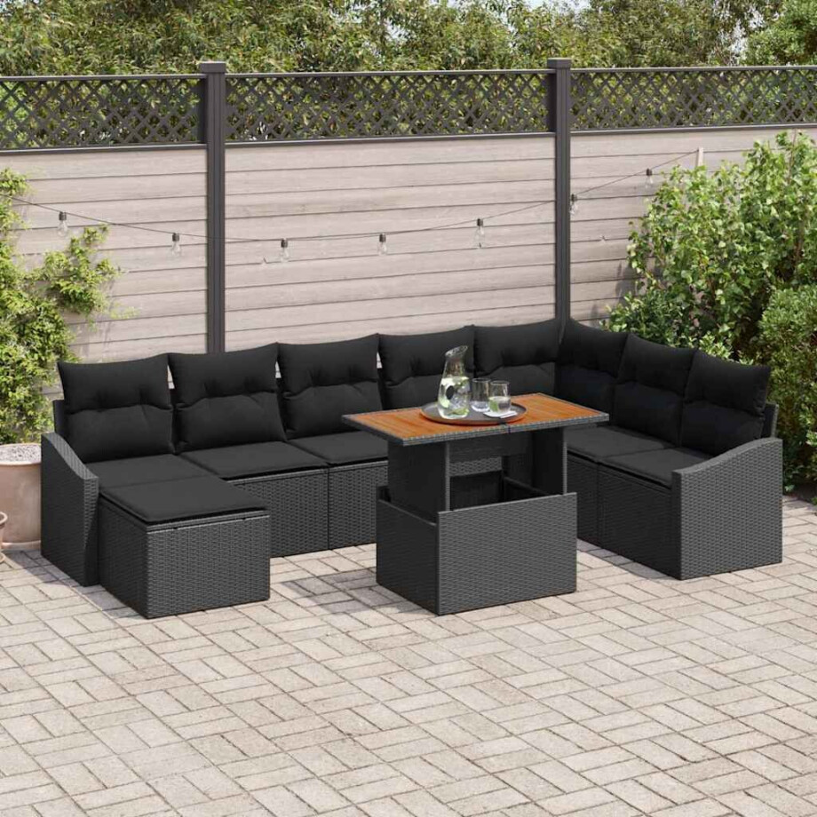 vidaXL Tuin Eetset met kussen 9 pcs Zwart en Bruin afbeelding 1