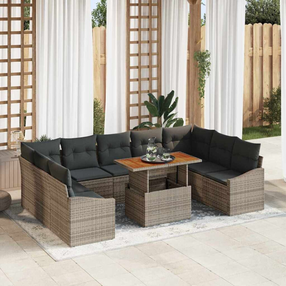 vidaXL Tuin Eetset met kussen 10 pcs Grijs en Bruin afbeelding 1