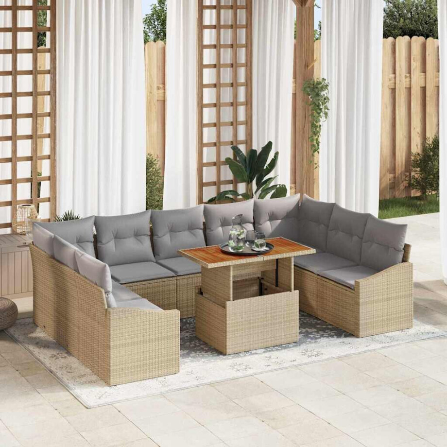 vidaXL Tuin Eetset met kussen 10 pcs Beige en Grijs afbeelding 1