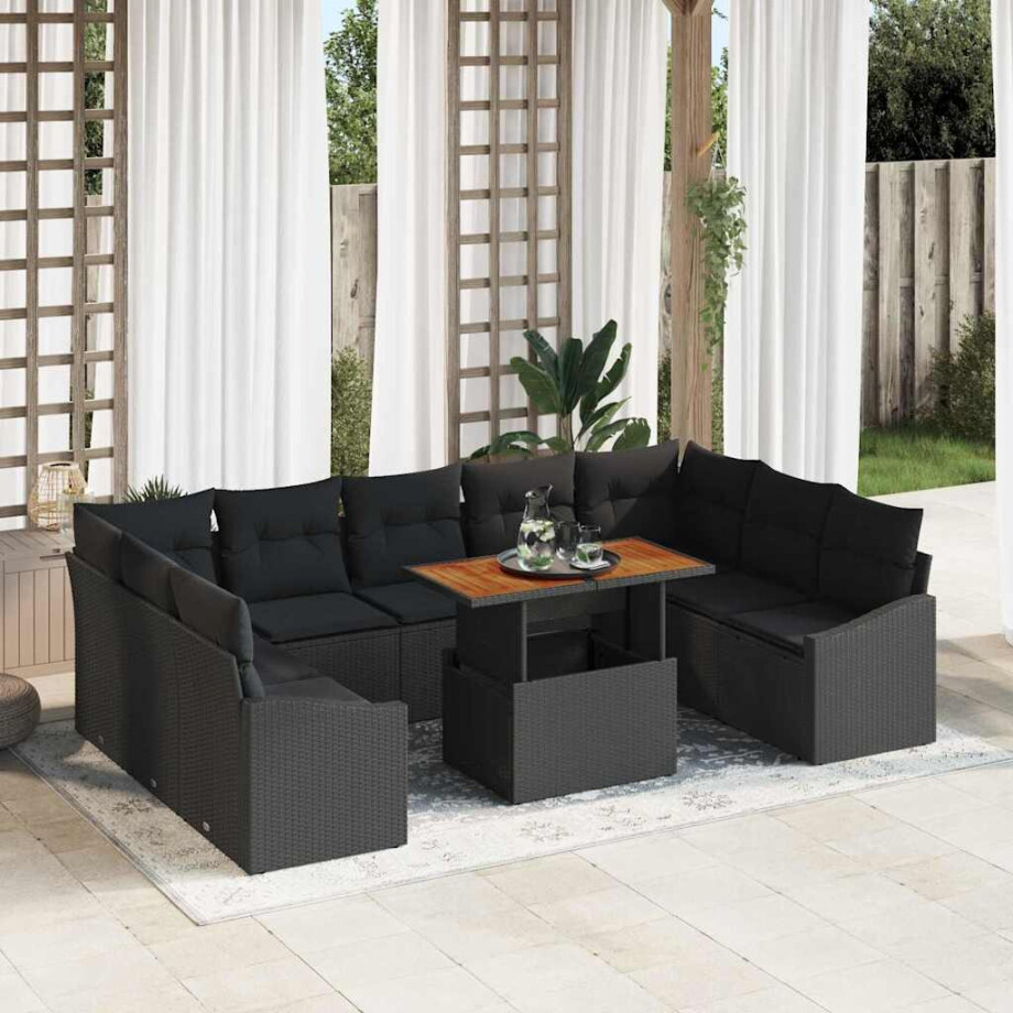vidaXL Tuin Eetset met kussen 10 pcs Zwart en Bruin afbeelding 1