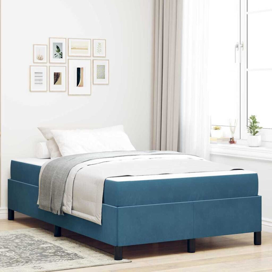 vidaXL Bedframe Donkerblauw, wit en donkerblauw 120 x 190 cm Fluweel afbeelding 1