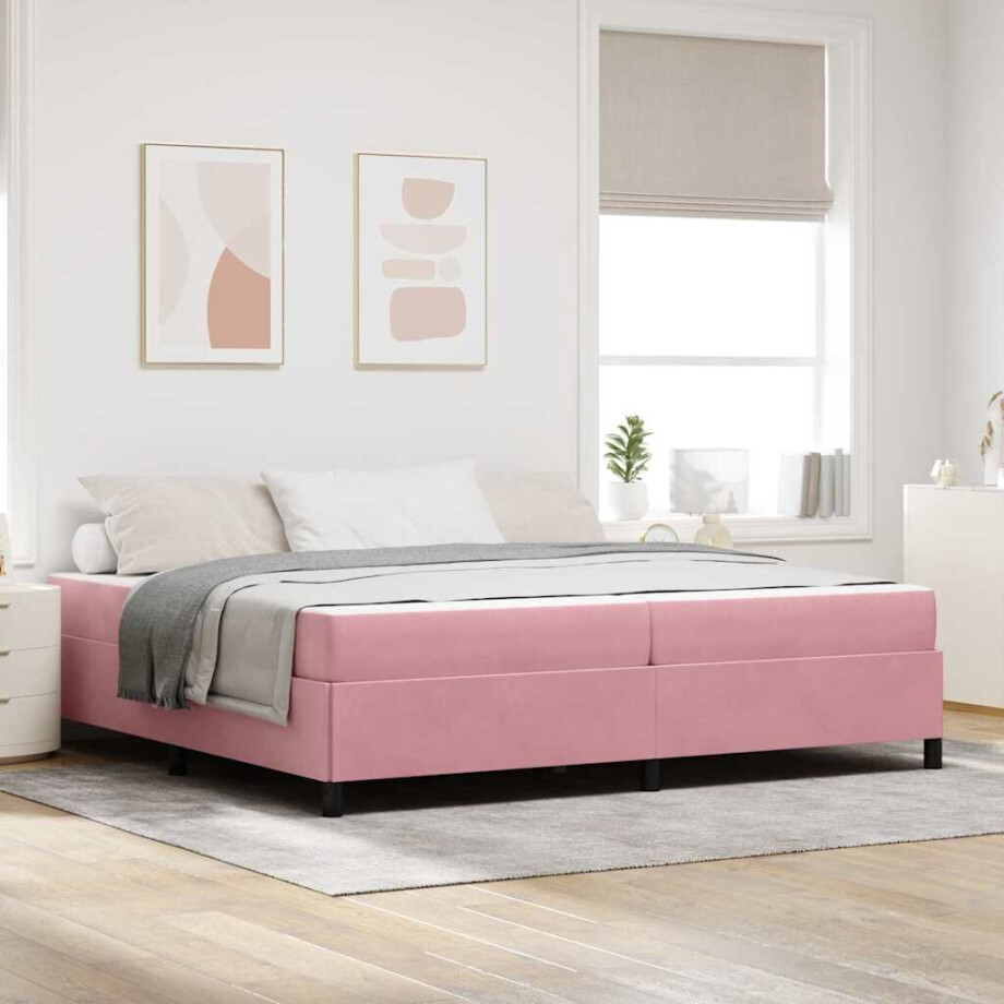 vidaXL Bedframe met matras Roze en wit 200 x 200 cm Fluweel afbeelding 1