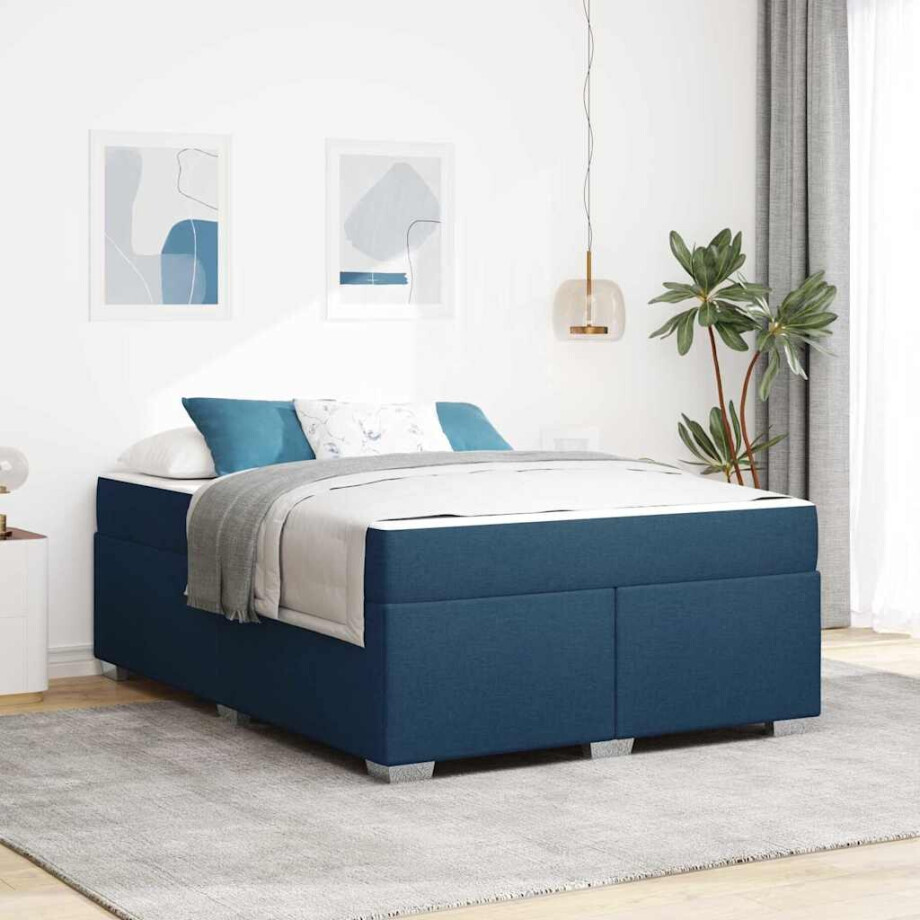 vidaXL Bedframe met matras Blauw 160 x 200 cm Stof afbeelding 1