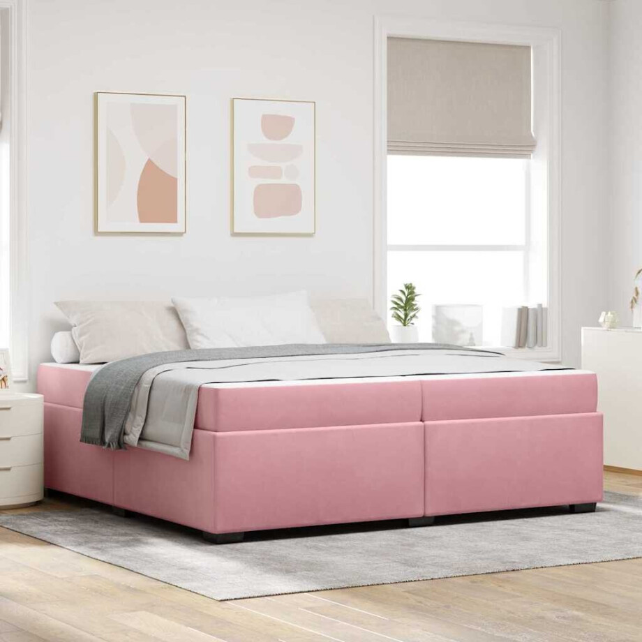 vidaXL Bedframe met matras Roze 200 x 200 cm Stof afbeelding 1