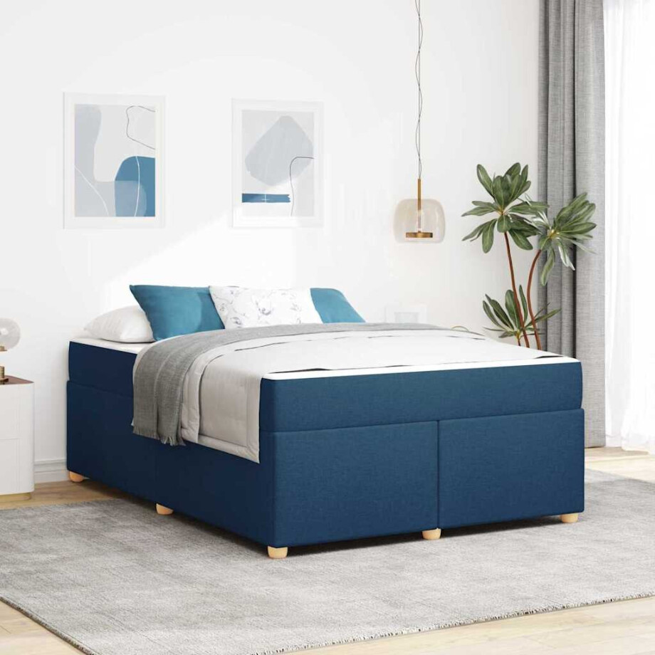 vidaXL Bedframe met matras Blauw 140 x 200 cm Stof afbeelding 1
