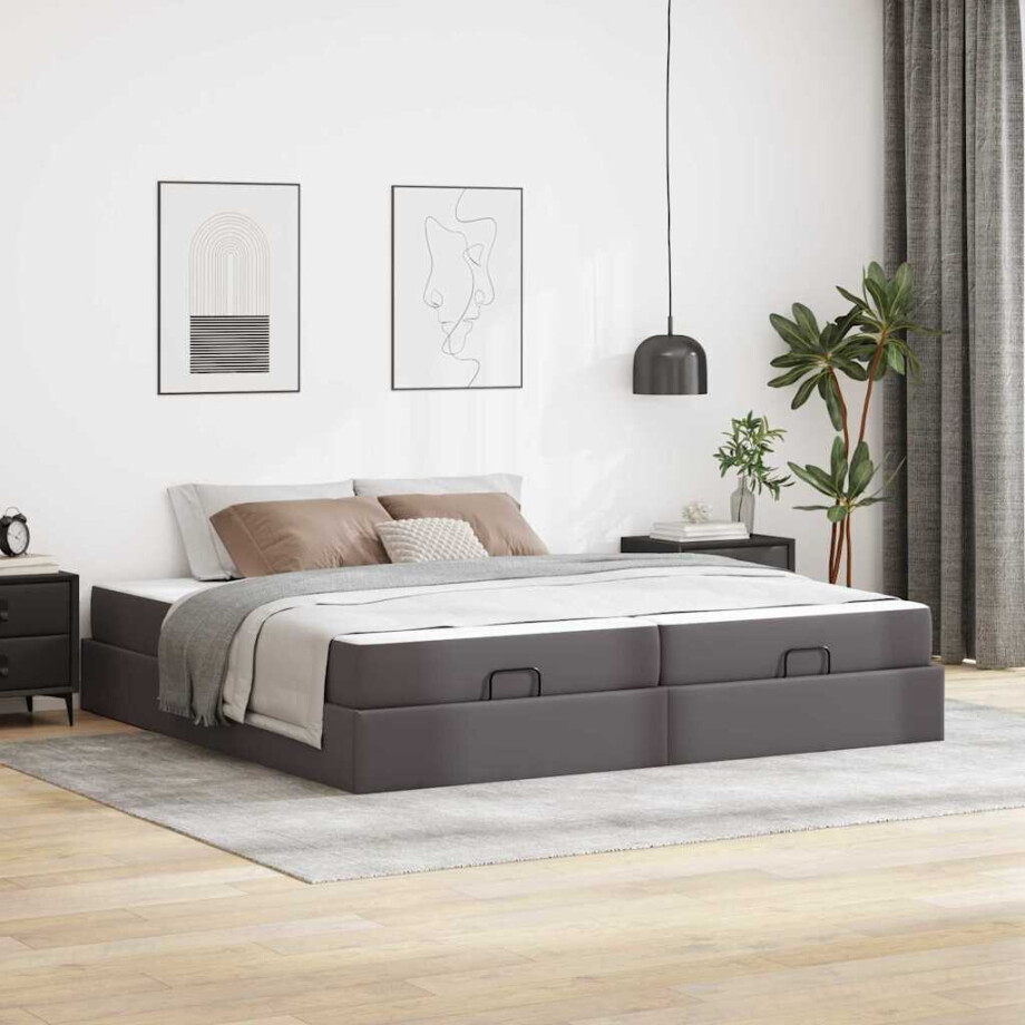vidaXL Bedframe met matras met matras Grijs 200 x 200 cm Kunstleer afbeelding 1