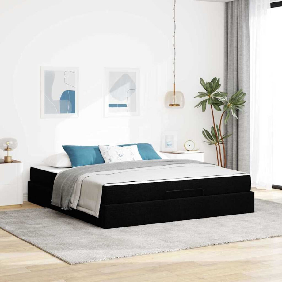 vidaXL Bedframe met matras 2 pcs Zwart Stof vidaXL Bedframe met matras 2 pcs Zwart Stof afbeelding 1