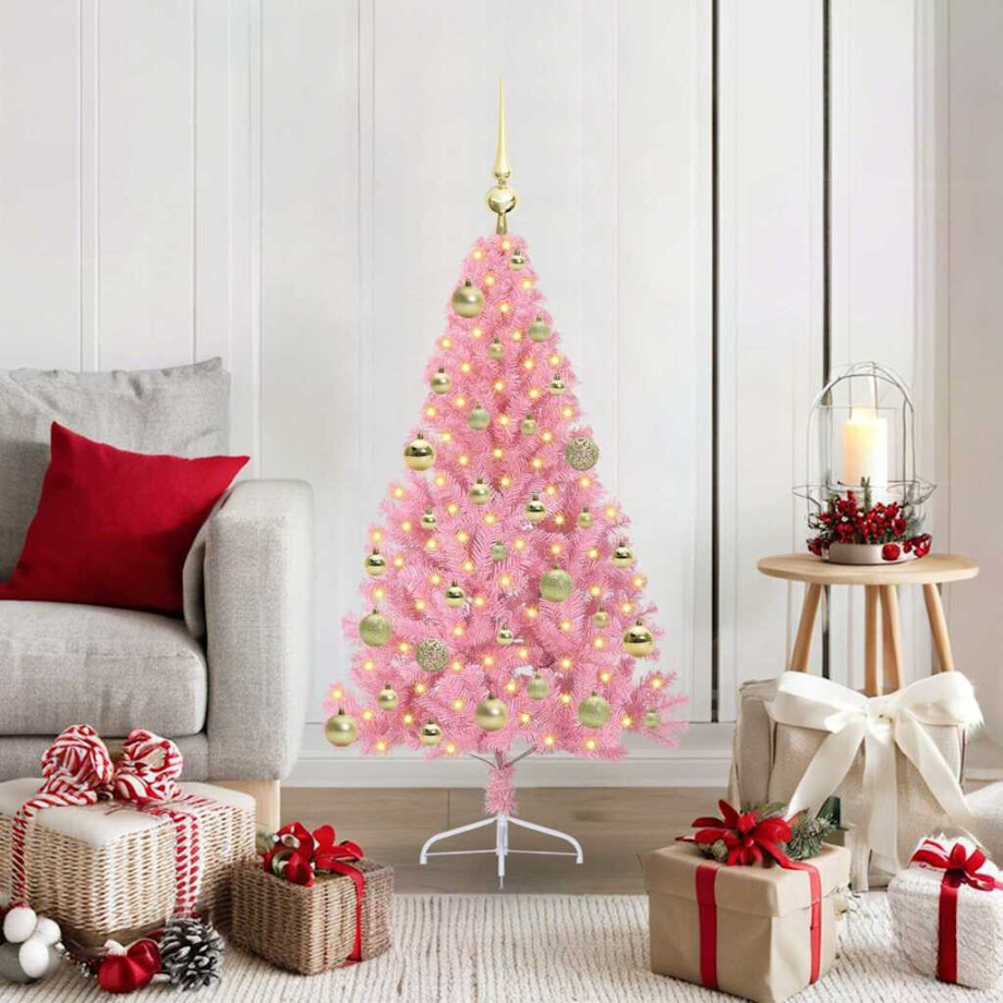 vidaXL Kunstmatig Voorverlicht Kerstboom met 150 LED Roze 120 cm PVC afbeelding 1