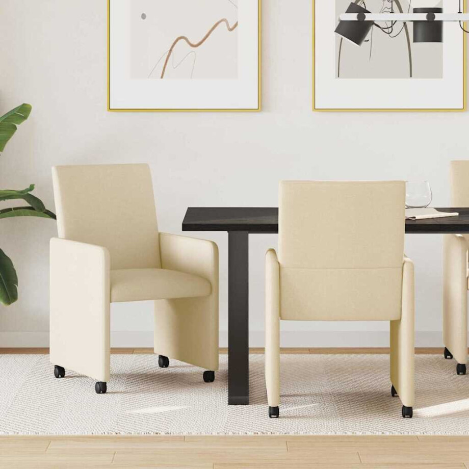 vidaXL Eetkamerstoelen met Wieltjes 2 pcs Crème 57 x 66 x 94 cm Stof afbeelding 1
