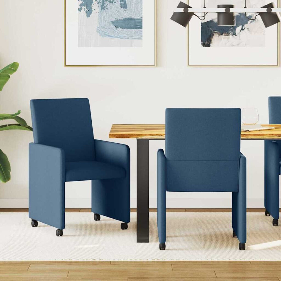 vidaXL Eetkamerstoelen met Wieltjes 2 pcs Blauw 57 x 66 x 94 cm Stof afbeelding 1