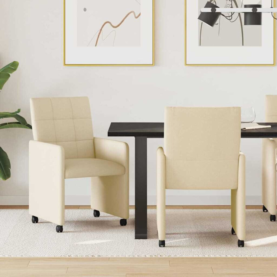 vidaXL Eetkamerstoelen met Wieltjes 2 pcs Crème 58 x 65 x 94 cm Stof afbeelding 1