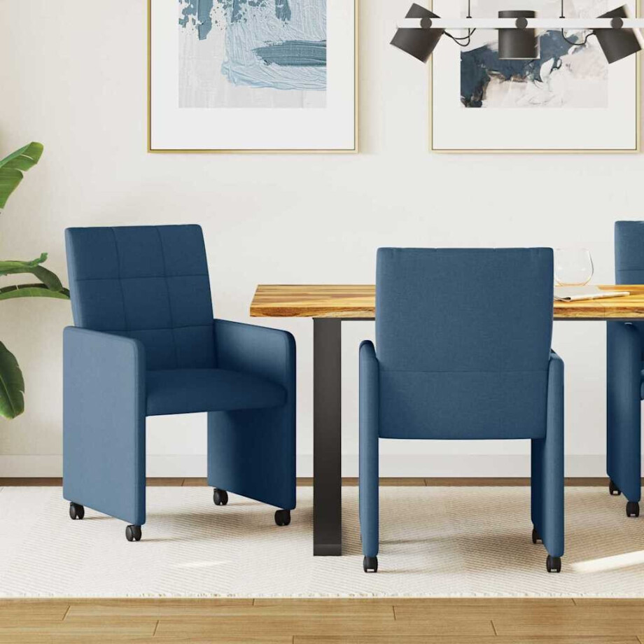 vidaXL Eetkamerstoelen met Wieltjes 2 pcs Blauw 58 x 65 x 94 cm Stof afbeelding 1