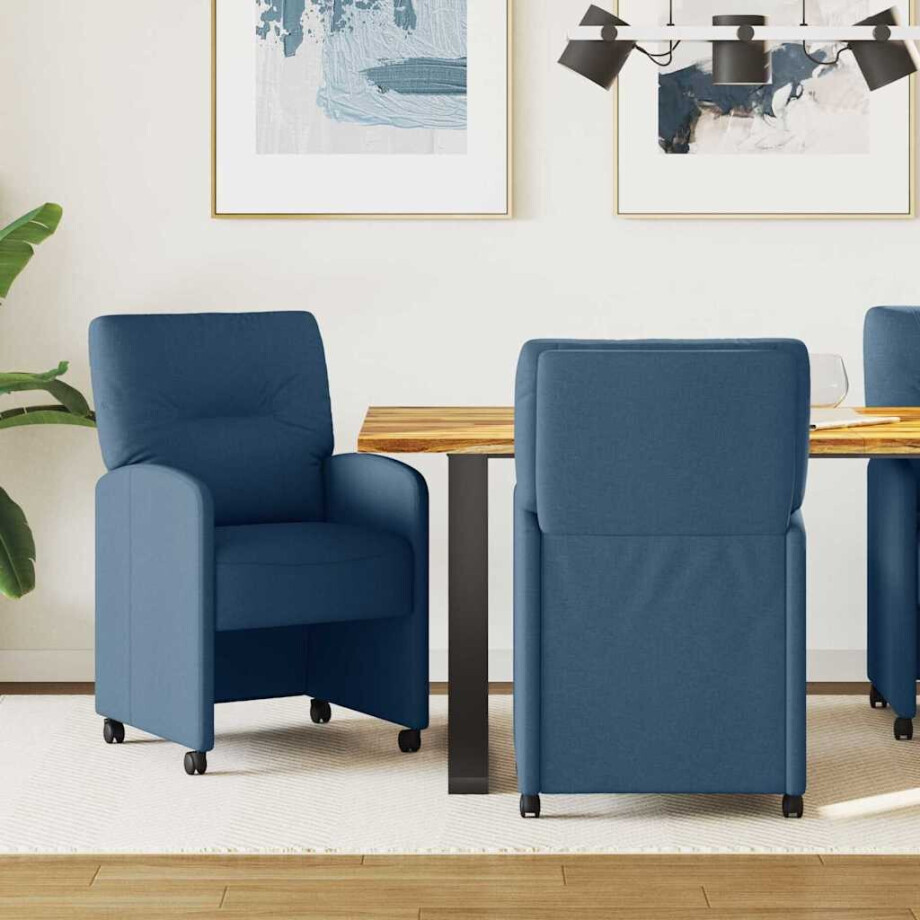 vidaXL Eetkamerstoelen met Wieltjes 2 pcs Blauw 57 x 67 x 95 cm Stof afbeelding 1