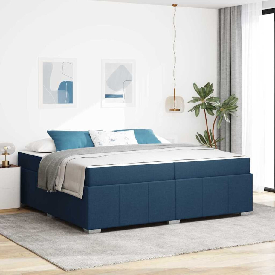 vidaXL Bedframe met matras Blauw 200 x 200 cm Stof afbeelding 1