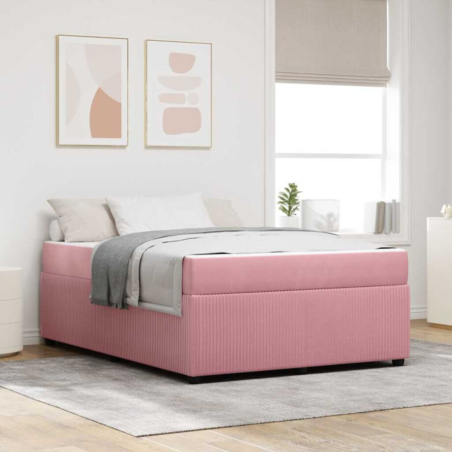 vidaXL Bedframe met matras Roze 140 x 200 cm Stof afbeelding 1