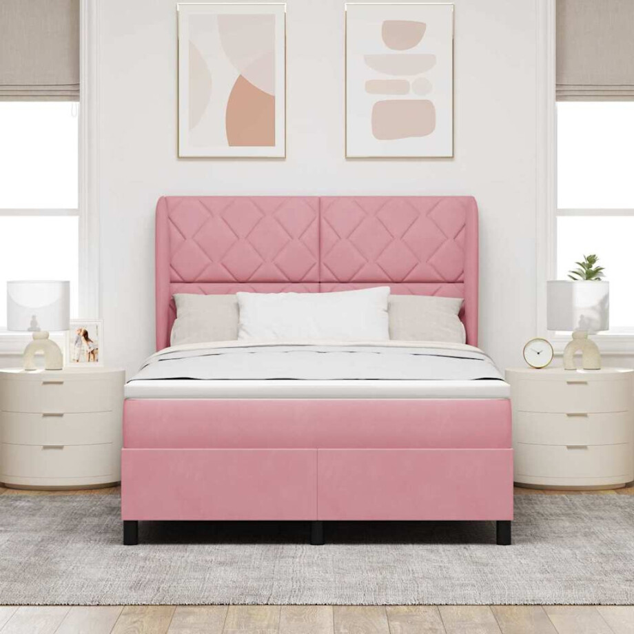 vidaXL Boxspringbed met hoofdeinde Roze 190 x 140 cm Fluweel vidaXL Boxspringbed met hoofdeinde Roze 190 x 140 cm Fluweel afbeelding 1