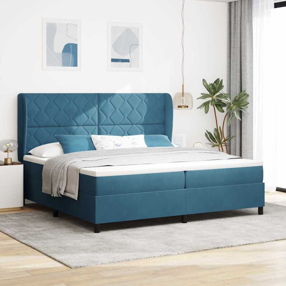 vidaXL Boxspringbed met matras Donkerblauw 200 x 200 cm Fluweel afbeelding 1
