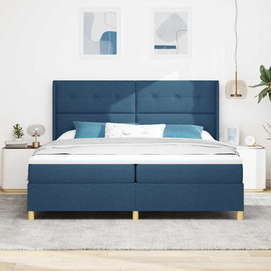 vidaXL Boxspringbed met matras met hoofdeinde Blauw 200 x 200 cm Stof afbeelding 1