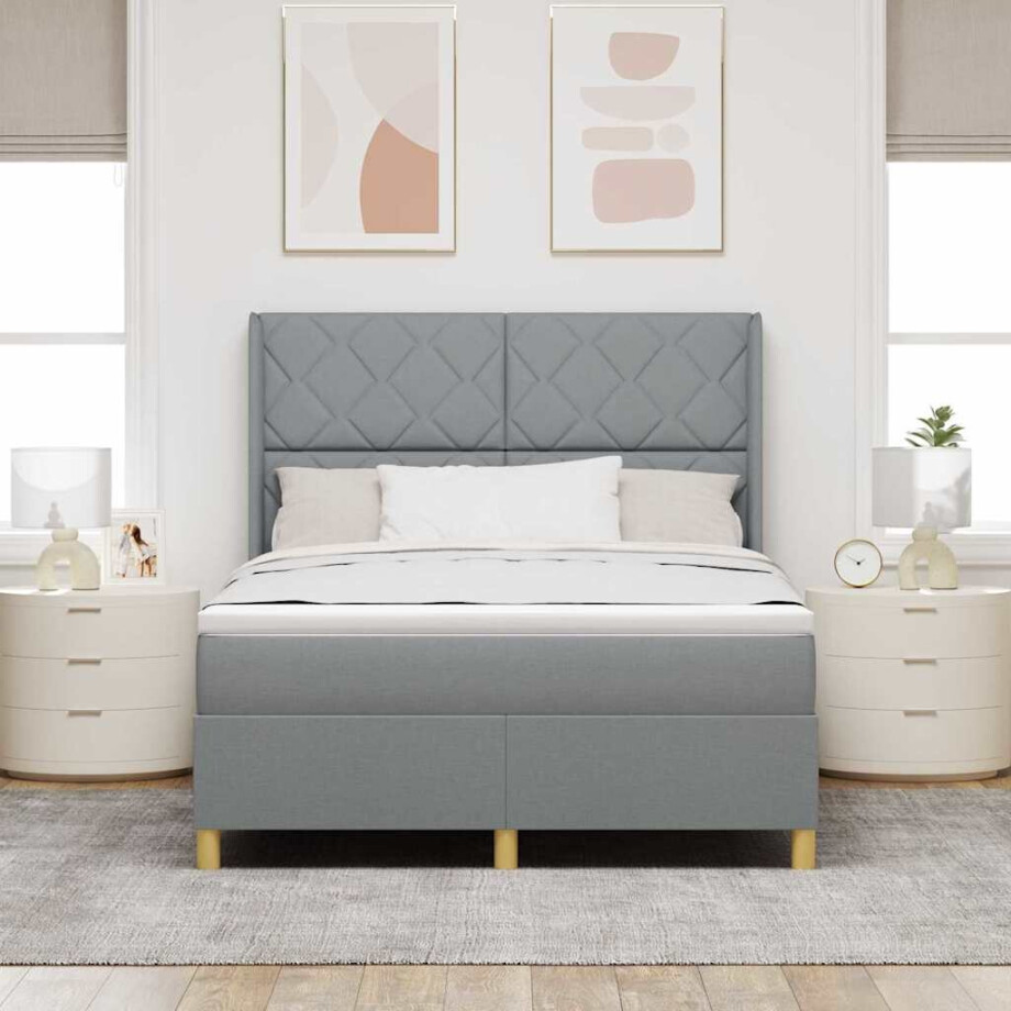 vidaXL Boxspringbed met hoofdeinde Lichtgrijs 140 x 190 cm Stof afbeelding 1