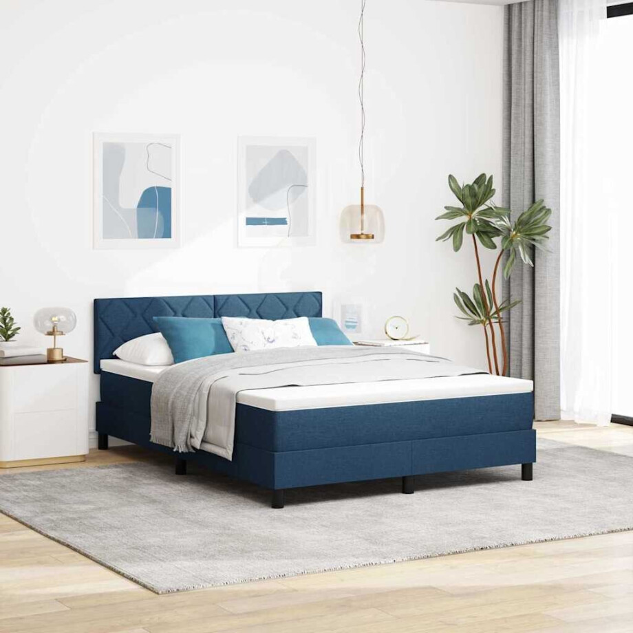 vidaXL Boxspring bed met LED-stripverlichting Blauw 140 x 190 cm Stof afbeelding 1