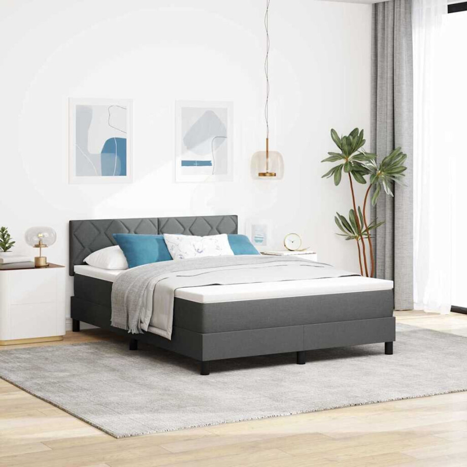 vidaXL Boxspring bed met hoofdeinde Donkergrijs 140 x 200 cm Stof vidaXL Boxspring bed met hoofdeinde Donkergrijs 140 x 200 cm Stof afbeelding 1