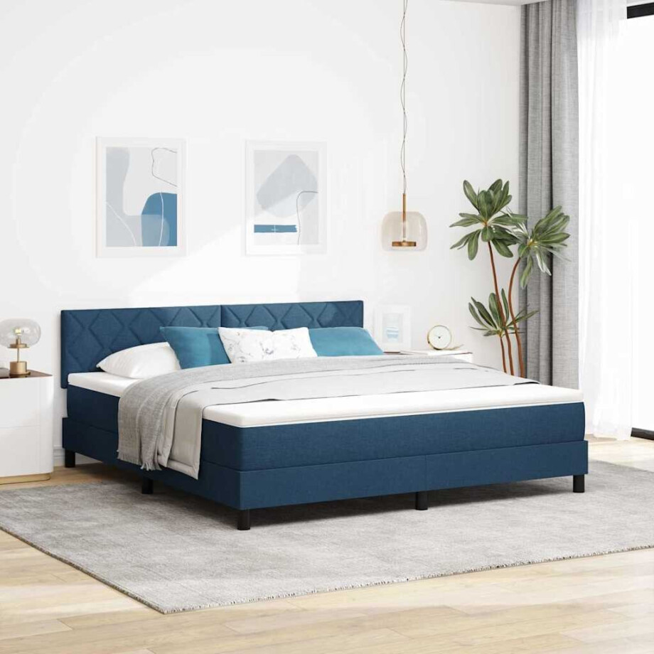 vidaXL Boxspring bed met LED-stripverlichting Blauw 180 x 200 cm Stof afbeelding 1