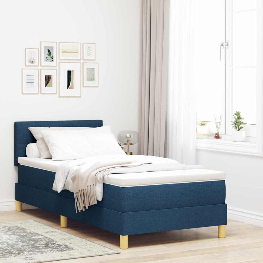 vidaXL LED Box Spring Bed met hoofdeinde Blauw 90 x 190 cm Stof afbeelding 1